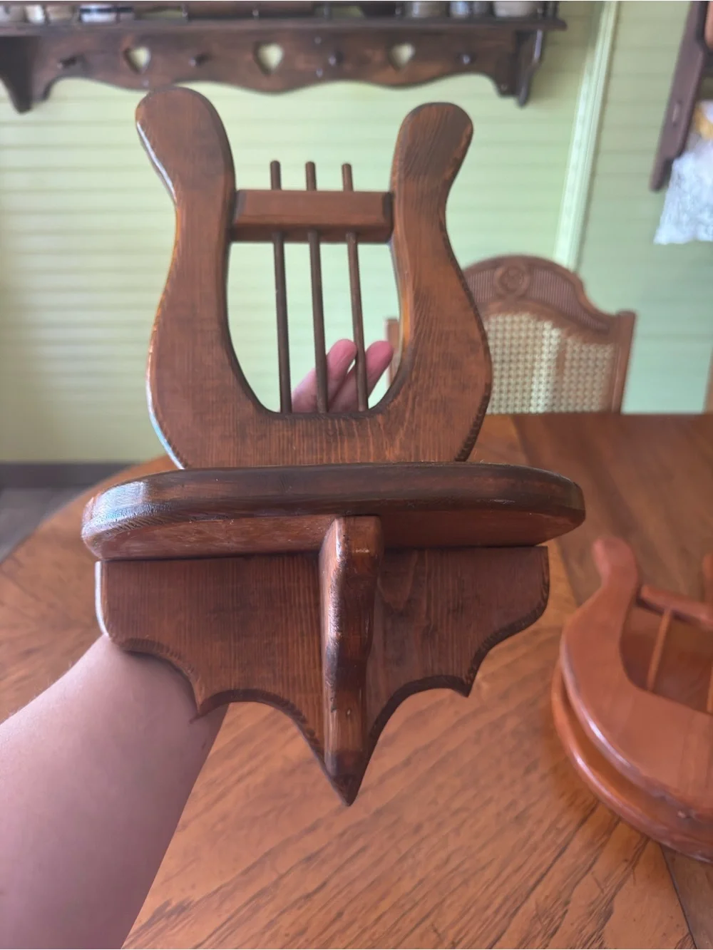 Vintage Rustic Lyre-Style Wooden Wall Shelf & Plate Holder Set
